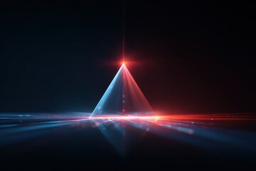 Poster - Glowing metallic cone shape emits vibrant light in a dark backdrop, creating an enchanting visual experience with reflections and colors