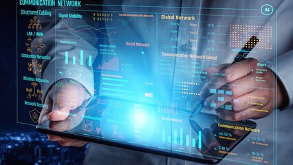 Poster - Data center monitoring dashboard visualize network performance, connection status, usage rate, and telecommunication insight. Data center monitoring efficiency improvement network transparency. Thunk