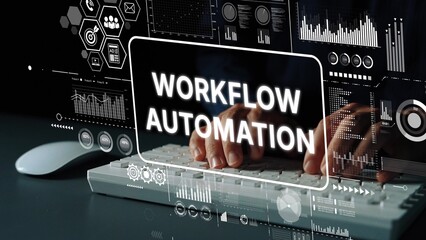 Fototapete - Hands on Keyboard with Digital Interface Displaying Workflow Automation Concept in Modern Business Environment. Asymptotic smart data analytic.