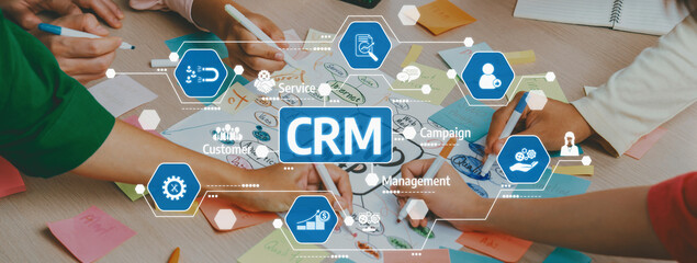 Poster - A dynamic group engages in a creative brainstorming session focused on customer relationship management, emphasizing collaborative strategy development with colorful notes and visual aids. Amity