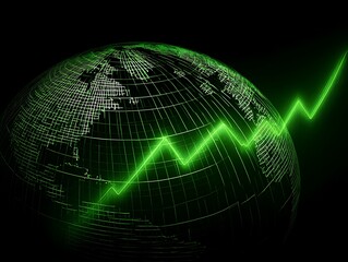 Poster - Green line graph overlaying a wireframe globe against a dark background representing global growth