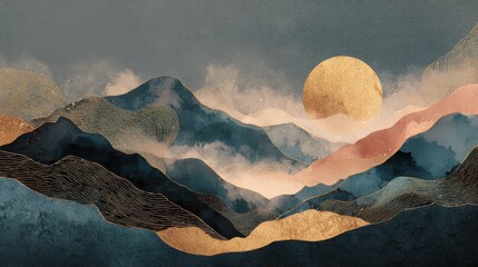Poster - Mountain background vector. Minimal landscape art with watercolor brush and golden line art texture. Abstract art wallpaper for prints, Art Decoration, wall arts and canvas prints. , no logos, no bra