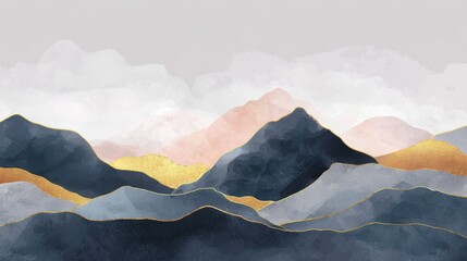 Poster - Mountain background vector. Minimal landscape art with watercolor brush and golden line art texture. Abstract art wallpaper for prints, Art Decoration, wall arts and canvas prints. , no logos, no bra
