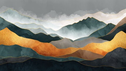 Poster - Abstract Mountain background vector. Minimal landscape art with watercolor brush and golden line texture. Abstract art wallpaper for prints, Art Decoration, wall arts and canvas prints. , no logos, n