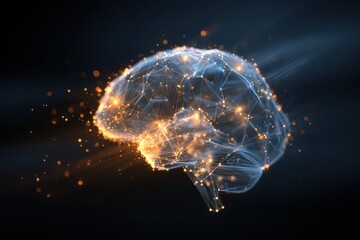Fototapete - Digital representation of a glowing brain shape highlighting neural networks and connections, showcasing advanced technology