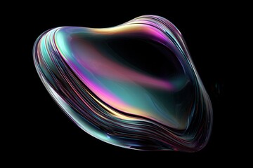 Poster - Dynamic abstract iridescent shape floating against a dark background, showcasing vibrant colors and complex form with smooth curves and contours