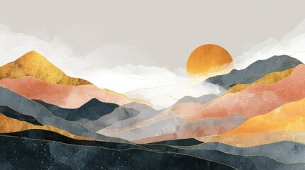 Poster - Abstract Mountain background vector. Minimal landscape art with watercolor brush and golden line texture. Abstract art wallpaper for prints, Art Decoration, wall arts and canvas prints. , no logos, n
