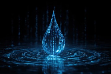 Fototapete - Digital blue water drop icon featuring binary code symbolizing data and technology in a modern design suitable for tech-related projects and presentations