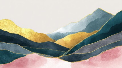 Poster - Abstract Mountain background vector. Minimal landscape art with watercolor brush and golden line texture. Abstract art wallpaper for prints, Art Decoration, wall arts and canvas prints. , no logos, n