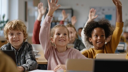 Poster - Happy diligent smiling multiethnic diverse schoolchildren having lesson at elementary stem class sitting at desks using gadgets. Schoolkids raising hands answering to questions at workplace., no logo