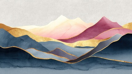 Poster - Mountain background vector. Minimal landscape art with watercolor brush and golden line art texture. Abstract art wallpaper for prints, Art Decoration, wall arts and canvas prints. , no logos, no bra