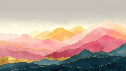 Poster - Mountain background vector. Minimal landscape art with watercolor brush and golden line art texture. Abstract art wallpaper for prints, Art Decoration, wall arts and canvas prints. , no logos, no bra