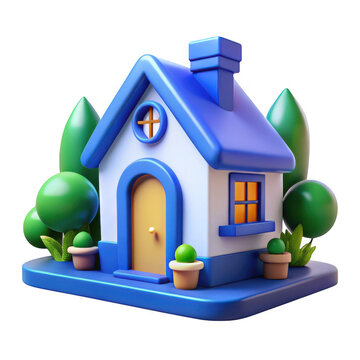 Charming cartoon house with blue roof and green trees isolated on transparent background