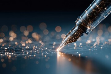 Fototapete - Glowing pen tip illuminates digital network pattern in an abstract, tech-inspired setting during nighttime hours