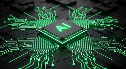 Fototapete - Glowing ai chip on a circuit board illustration