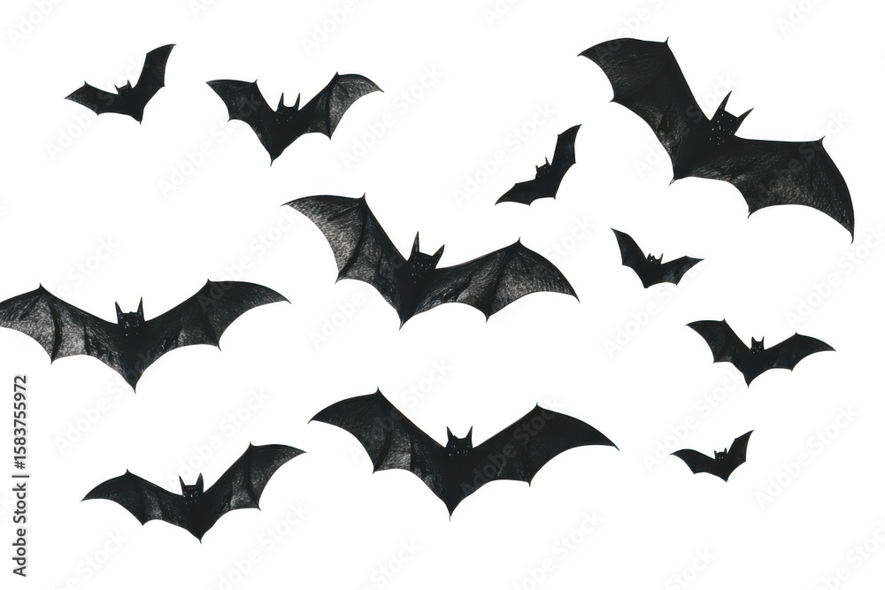 A flock of dark textured bats flying in formation isolated on ...