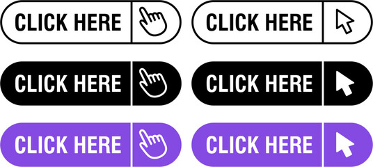 Fototapete - Click here button with pointer hand clicking icon. Action web buttons set for website UI. Cursor tap icon, clickable element, digital interaction symbol vector illustration