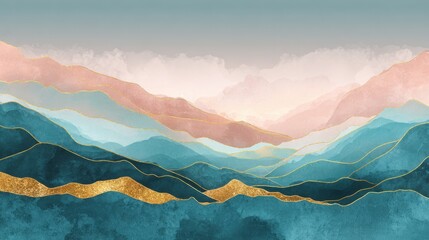 Poster - Mountain background vector. Minimal landscape art with watercolor brush and golden line art texture. Abstract art wallpaper for prints, Art Decoration, wall arts and canvas prints. , no logos, no bra
