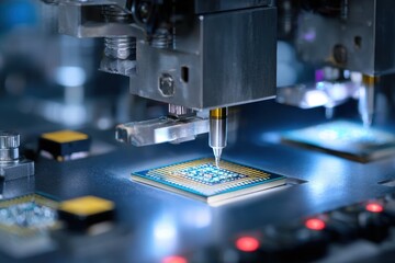 Poster - Close up view of advanced semiconductor manufacturing process showing precision equipment and intricate chip details in a high-tech facility