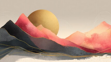 Poster - Abstract Mountain background vector. Minimal landscape art with watercolor brush and golden line texture. Abstract art wallpaper for prints, Art Decoration, wall arts and canvas prints. , no logos, n