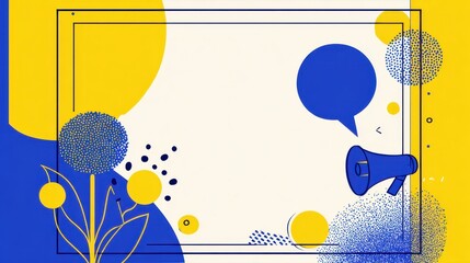 Poster - Megaphone broadcasting promotional message, framed by vibrant blue, yellow floral, geometric pattern, emphasizing marketing communication