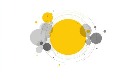 Poster - Abstract composition featuring a large yellow circle surrounded by smaller grey and yellow bubbles, creating a dynamic and visually appealing design with swirling lines