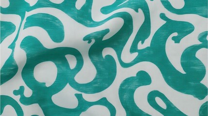 Fototapete - Wavy turquoise and white geometric pattern flowing across textured fabric surface, featuring dynamic abstract design for textile and background applications