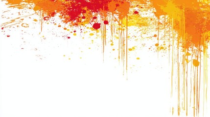 Poster - Dripping and splashing red and orange paint against a clean white background creates an energetic and vibrant abstract design, full of dynamic textures and colorful patterns