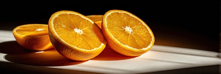Poster - Sliced Oranges on a Clean Surface With Dramatic Studio Lighting and Shadows Creating an Artistic Composition