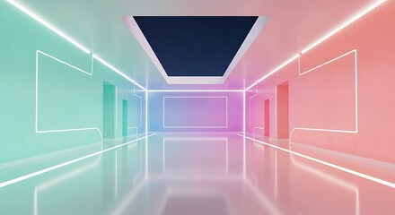 Poster - A modern, empty corridor with glossy floor, illuminated by neon lights in shades of blue, pink, and green, creating a futuristic, symmetrical perspective.