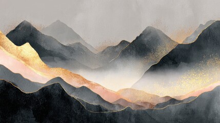 Poster - Abstract Mountain background vector. Minimal landscape art with watercolor brush and golden line texture. Abstract art wallpaper for prints, Art Decoration, wall arts and canvas prints. , no logos, n
