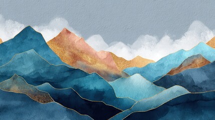 Poster - Mountain background vector. Minimal landscape art with watercolor brush and golden line art texture. Abstract art wallpaper for prints, Art Decoration, wall arts and canvas prints. , no logos, no bra