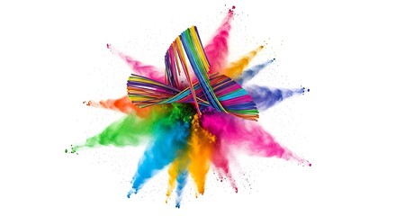 Poster - A vibrant explosion of colorful powder and ribbons radiating outwards against a clean white background, creating a dynamic and abstract design.