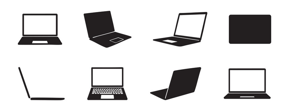 Set of Black silhouette of laptops in various positions, isolated on white background, graphic illustration. concept of computers, technology, electronic devices, icon, logo, design element