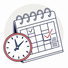 Poster - Calendar icon with a checkmark and clock overlay, time management and productivity dashboard, flat vector