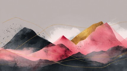 Poster - Abstract Mountain background vector. Minimal landscape art with watercolor brush and golden line texture. Abstract art wallpaper for prints, Art Decoration, wall arts and canvas prints. , no logos, n