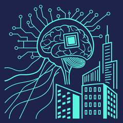 Poster - Neural brain chip emitting data streams and connected through digital networks, vector art in luminous tech-blue and cyberpunk gradients