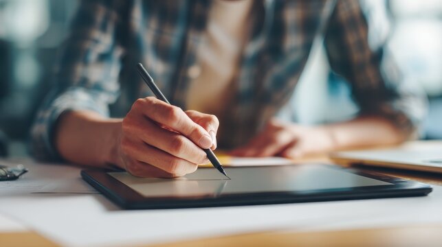People and technology concept - High angle view of an artist drawing something on graphic tablet at the office, no logos, no brands