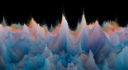 Poster - Abstract landscape with flowing, textured peaks in shades of blue, white, orange, and purple against a dark background.