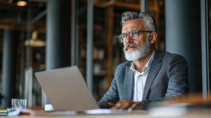 Poster - Mature business man executive manager looking at laptop computer watching online webinar training or having virtual meeting video conference taking notes, doing market research working in office., no