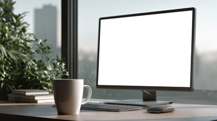 Poster - Blank white screen of computer monitor and coffee mug on table in office. 3D Rendering, no logos, no brands