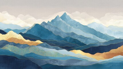 Poster - Mountain background vector. Minimal landscape art with watercolor brush and golden line art texture. Abstract art wallpaper for prints, Art Decoration, wall arts and canvas prints. , no logos, no bra