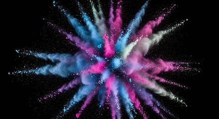 Poster - Exploding colorful powder, a burst of pink, blue, and white pigments against a dark background.