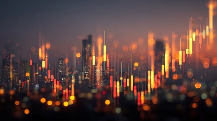 Poster - Abstract glowing big data forex candlestick chart on blurry city backdrop. Trade, technology, investment and analysis concept. Double exposure, no logos, no brands