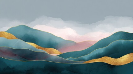 Poster - Mountain background vector. Minimal landscape art with watercolor brush and golden line art texture. Abstract art wallpaper for prints, Art Decoration, wall arts and canvas prints. , no logos, no bra