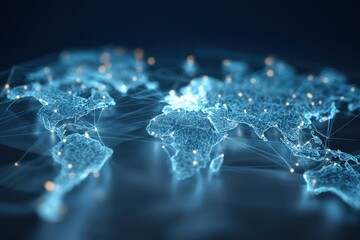 Poster - Global connectivity represented by a digital world map on a light blue background showcasing interconnected networks and data points
