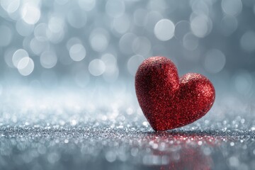Poster - Red heart on a sparkling glitter background lit by soft light creates a charming romantic atmosphere perfect for celebrations or decorative occasions