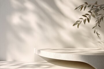 Poster - Cream white cement curve counter podi accents a serene space illuminated by soft natural light filtering through leaves