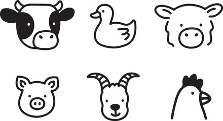Poster - Collection of six cute farm animal faces including a cow duck pig goat and chicken isolated on transparent background