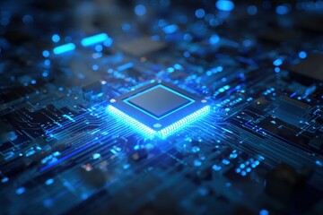 Poster - High tech circuit board background with glowing components and intricate designs highlighting the details of modern electronics